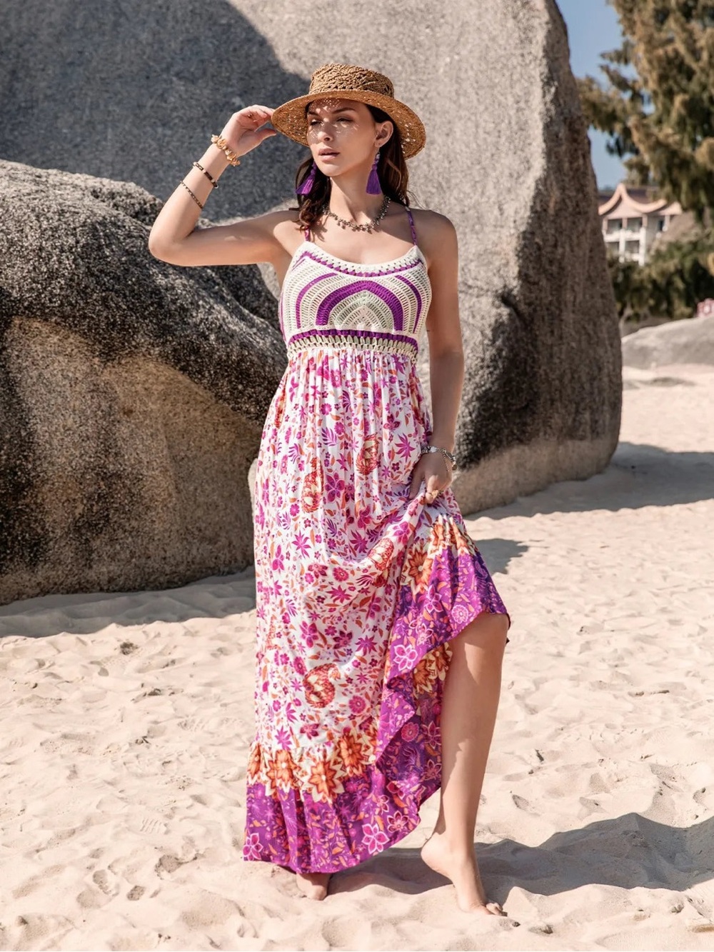 Rusttydustty Crochet Cami Maxi Dress Floral Border Print Halter Size S NWT Boho